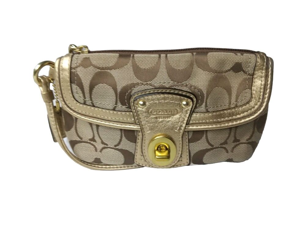 Vintage Coach Signature C Leather Trim Wristlet Khaki & Gold Turnlock